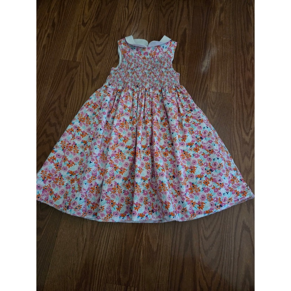 Janie and Jack Girls Floral Smocked Dress Peter Pan Collar Pink Orange Size 4